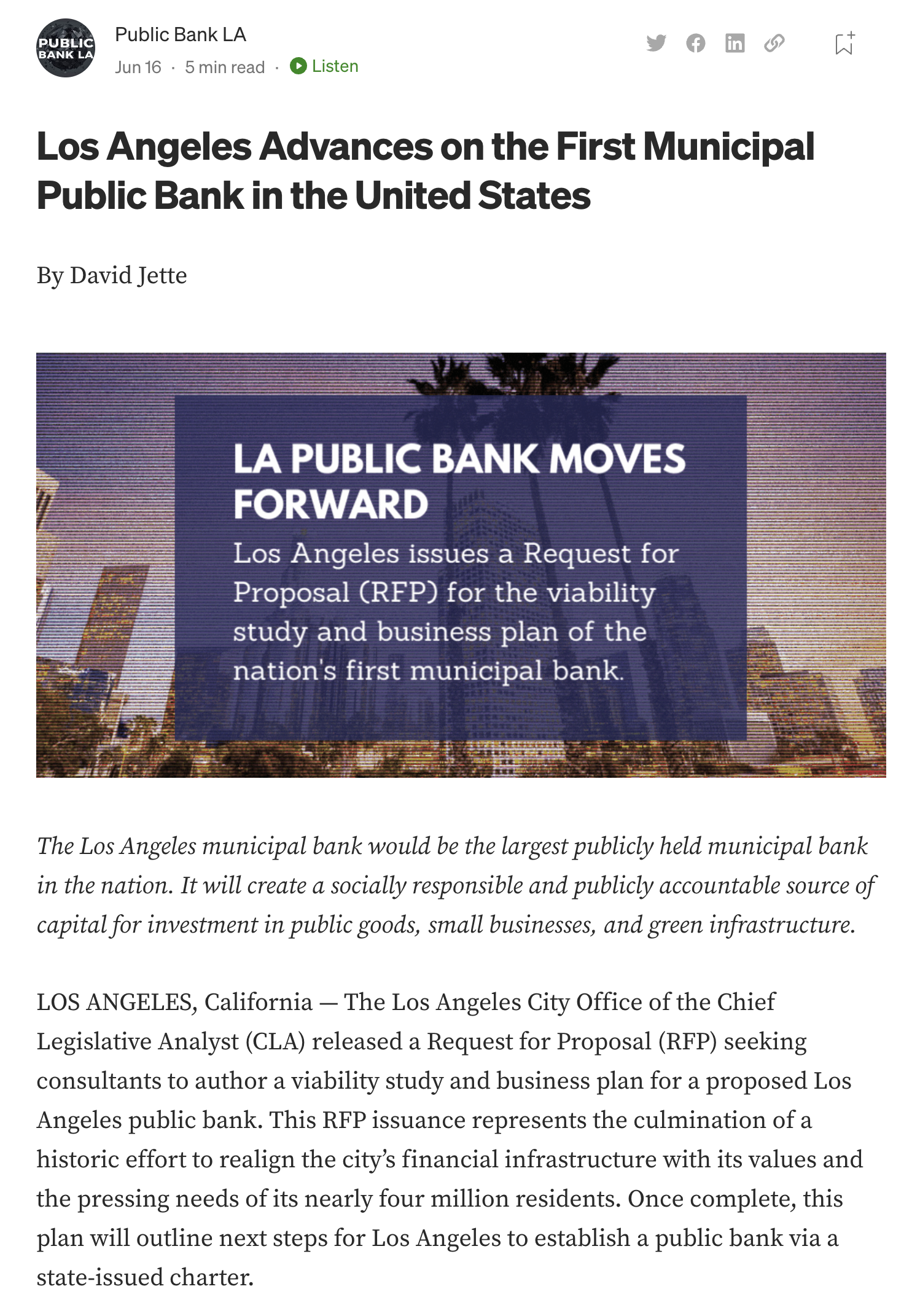 You are currently viewing Los Angeles Advances on the First Municipal Public Bank in the United States